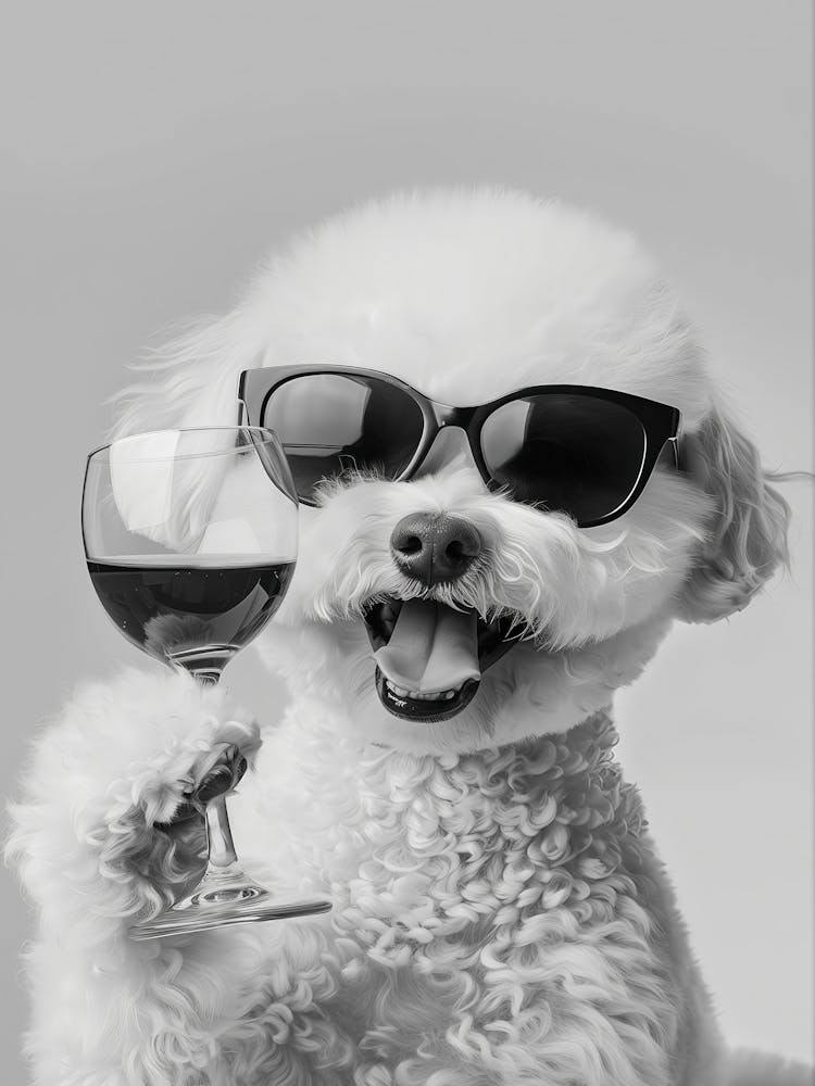 Bichon Frise Holding Wine Wall Art, Black And White Print, Bichon Gift, Alcohol Print, Bar Cart Art, Funny Dog Poster, Kitchen Wall Decor