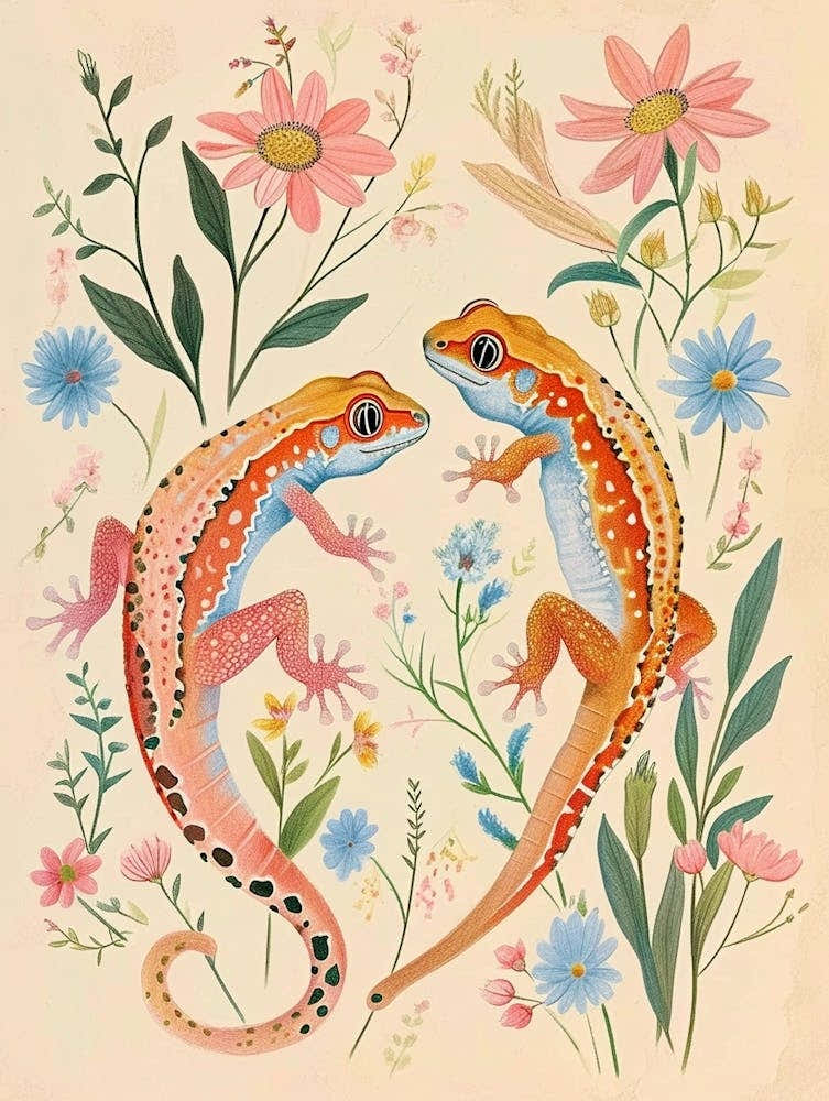 Folksy Floral Animal Drawing Gecko 2