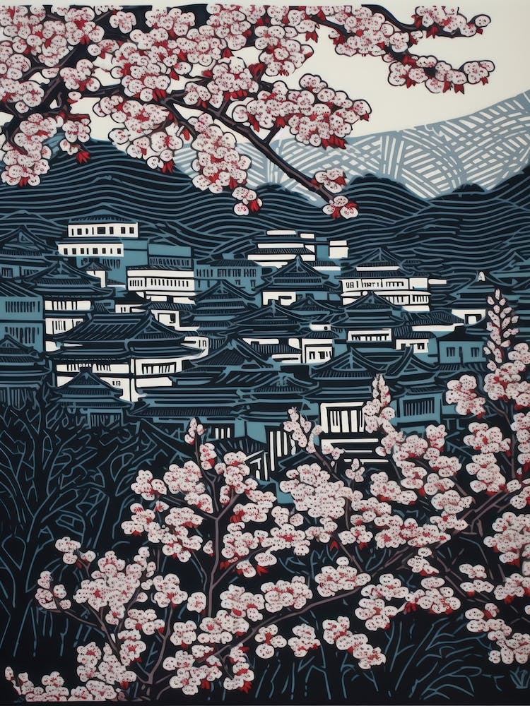 Kyoto Cherry Season Japan Linocut Illustration Style 1