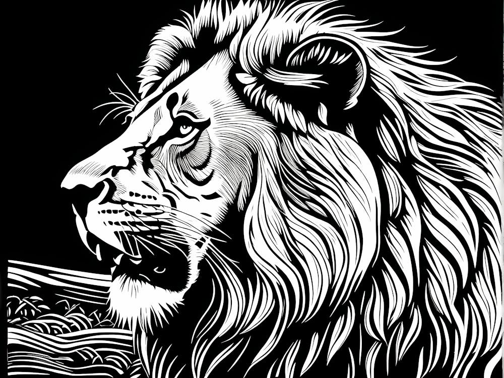 Lion Linocut Sketch Black And White art, animal art, 155