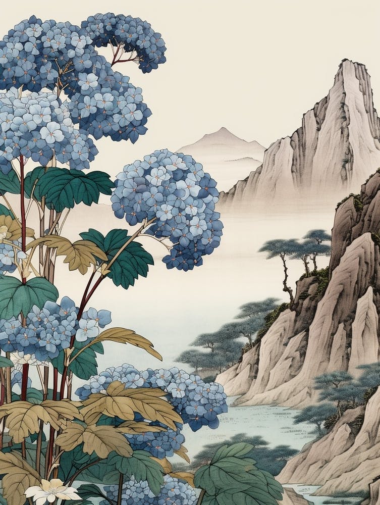 Ajisai Hydrangea 3 Japanese Botanical Illustration