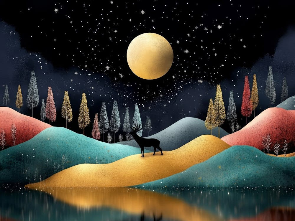 3d Illustration Modern Artwork Night Landscape, Colorful Mountains, Trees, Dark Black Background with Stars