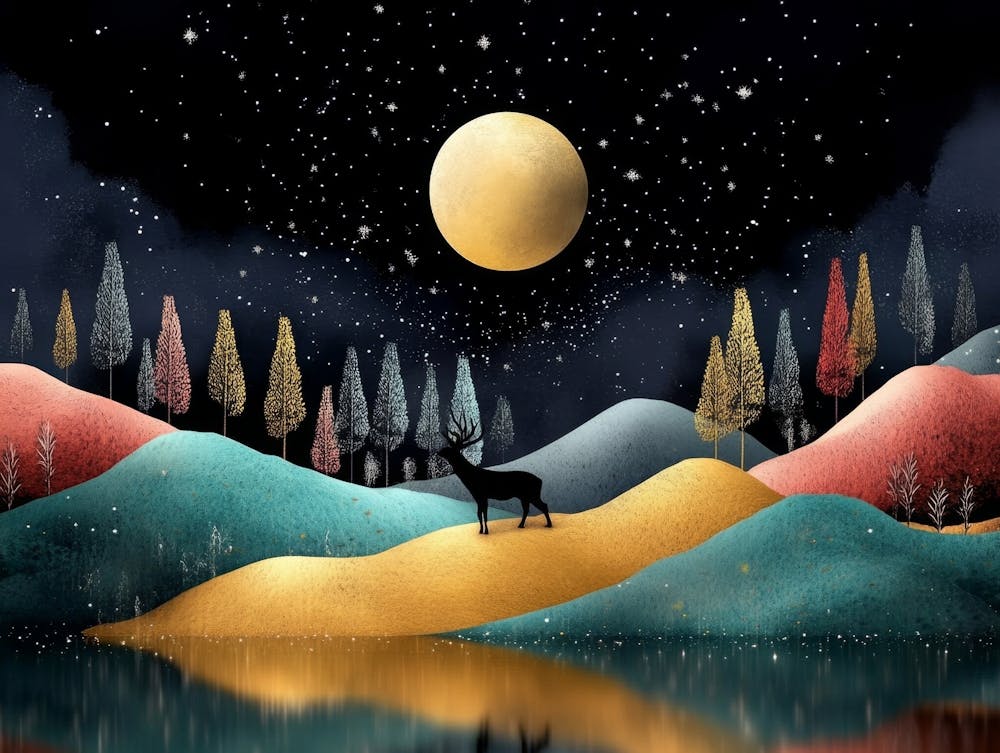 3d Illustration Modern Artwork Night Landscape, Colorful Mountains, Trees, Dark Black Background with Stars