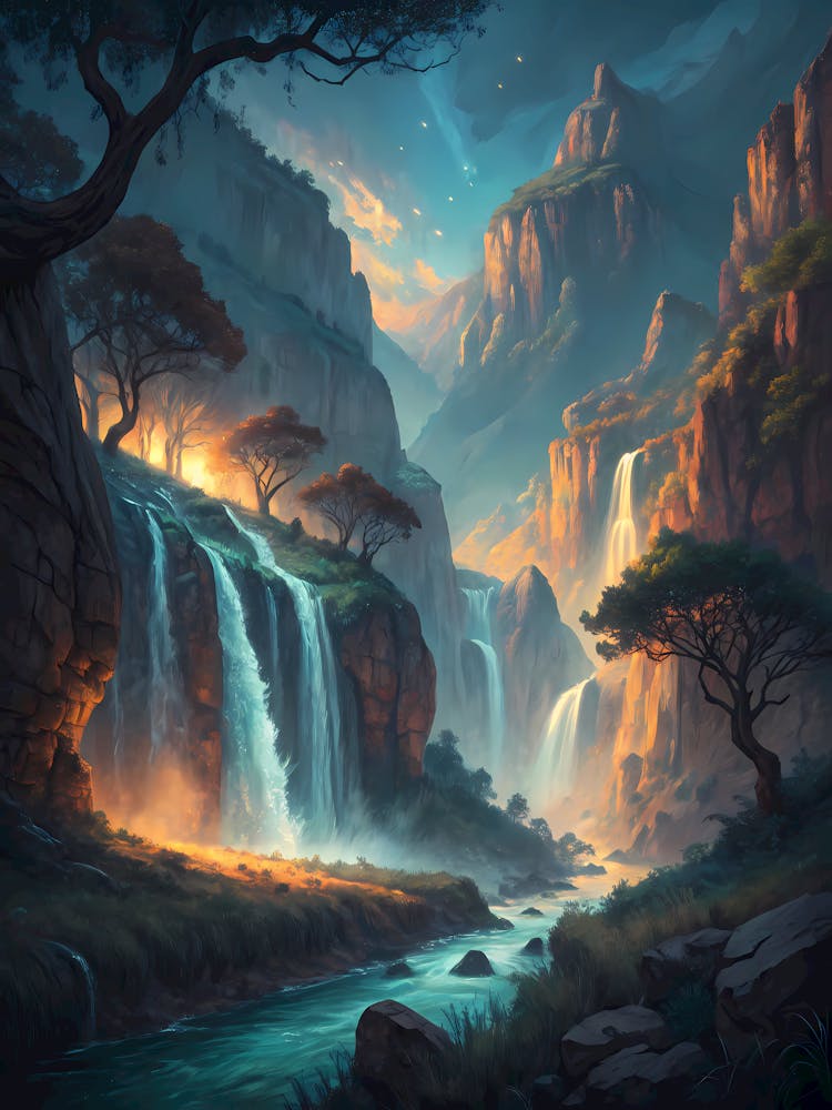 Mystical Canyon with Luminescent Waterfalls Oil Painting Style