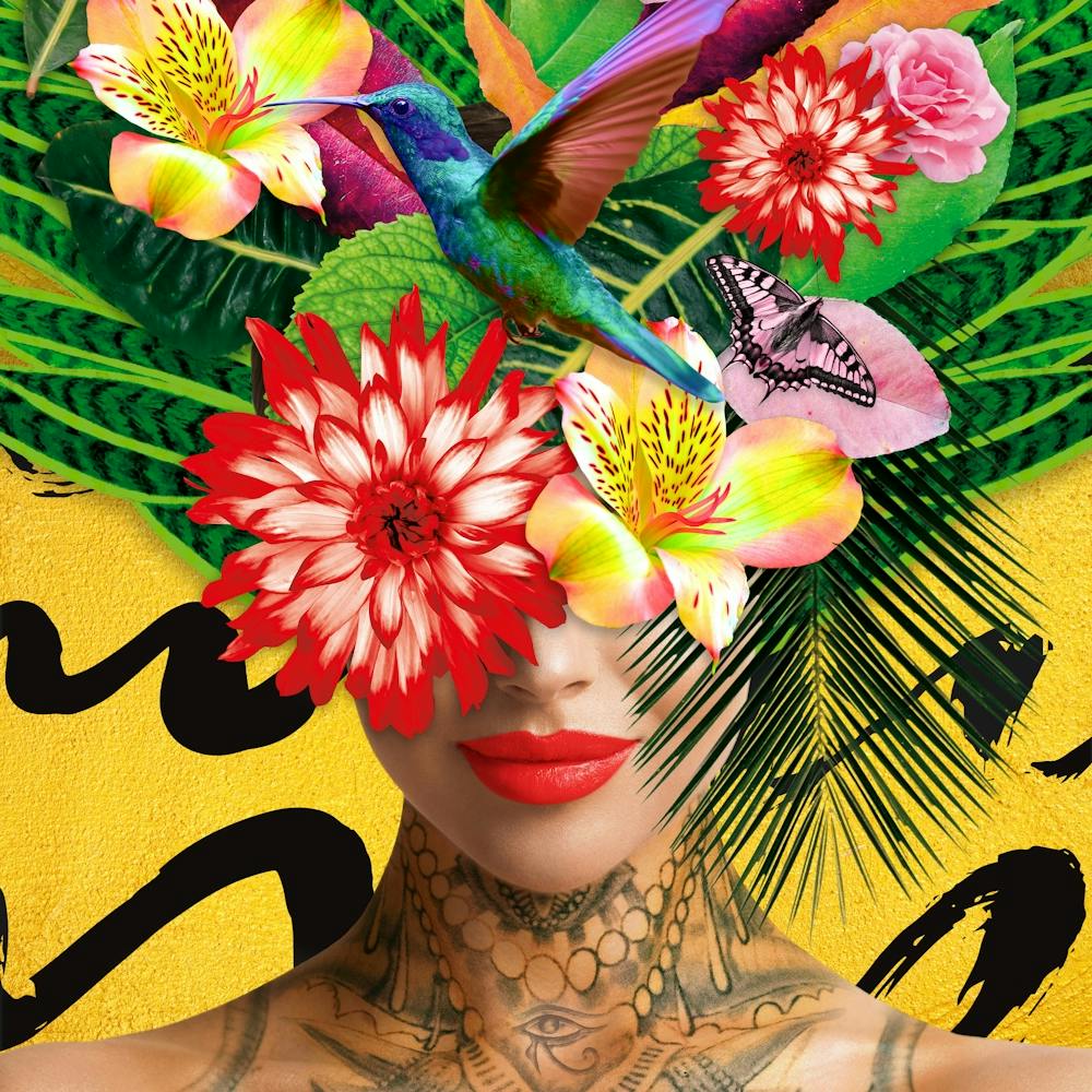 Mother Nature With Humming Bird Flowers And Tattoo In Yellow