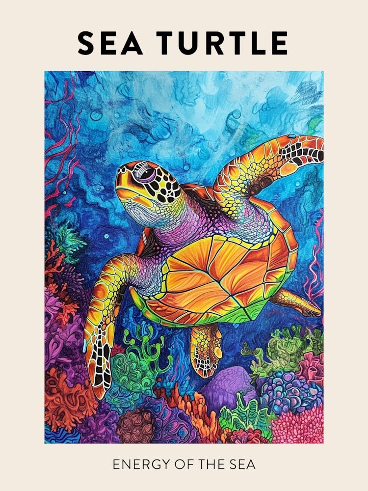 Rainbow Doodle Sea Turtle  Poster 1