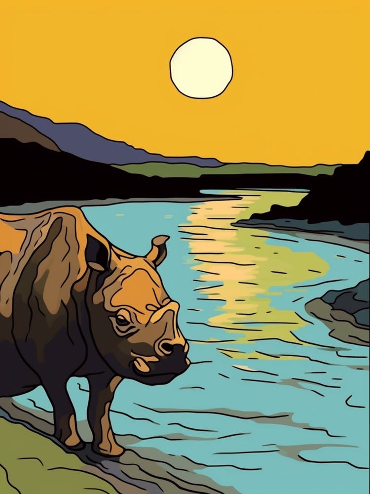 Simple Rhino Line Illustration By The River 2