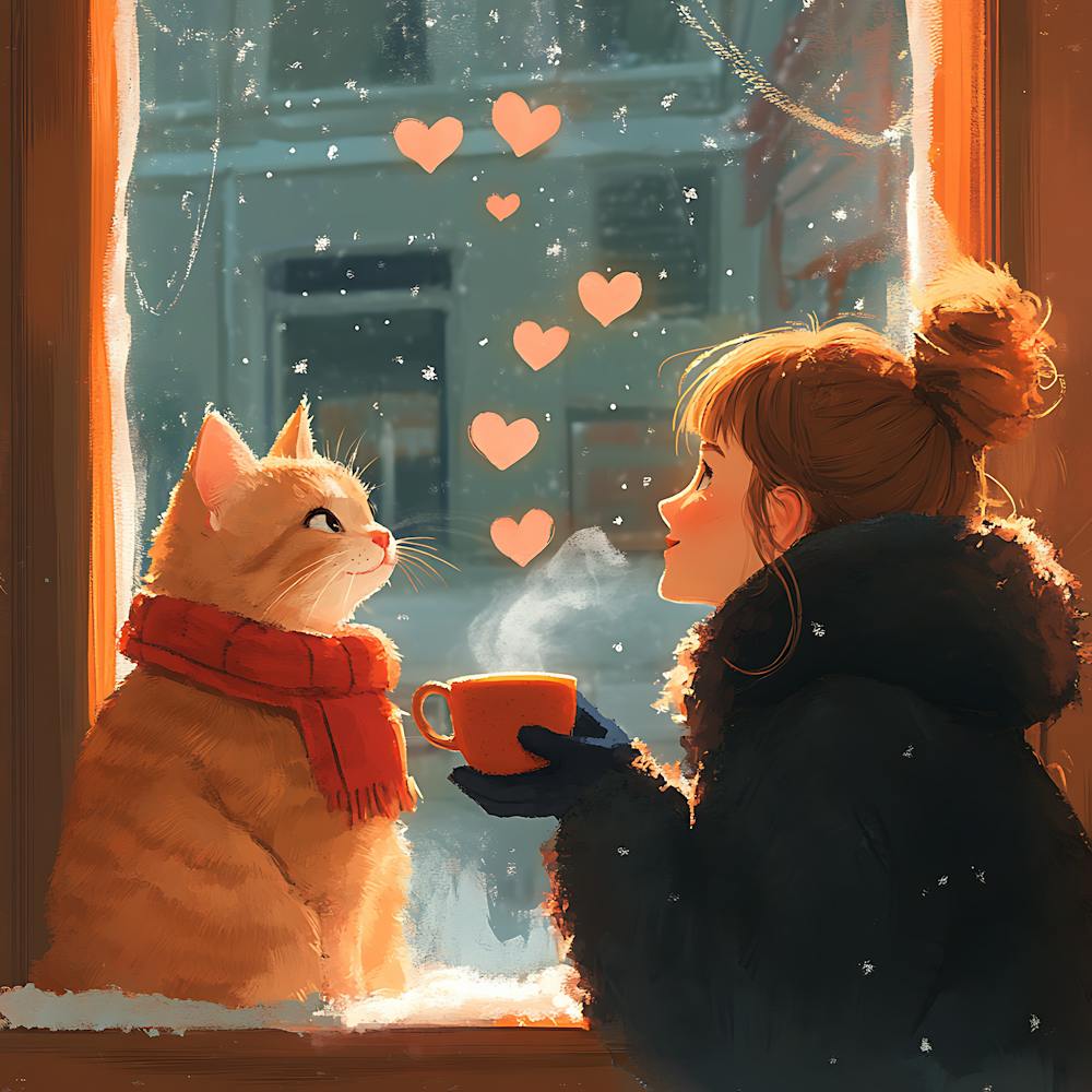 Cat and Person Sharing Hot Cocoa Artwork 8