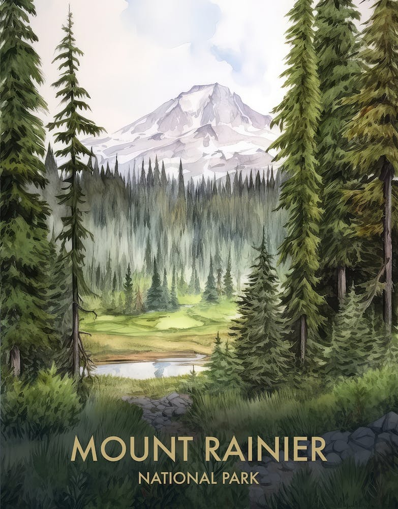 Mount Rainier National Park Watercolour Vintage Travel Poster 3