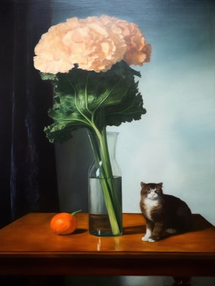 Painting Of A Still Life Of A Gladioli With A Cat, Realism 3