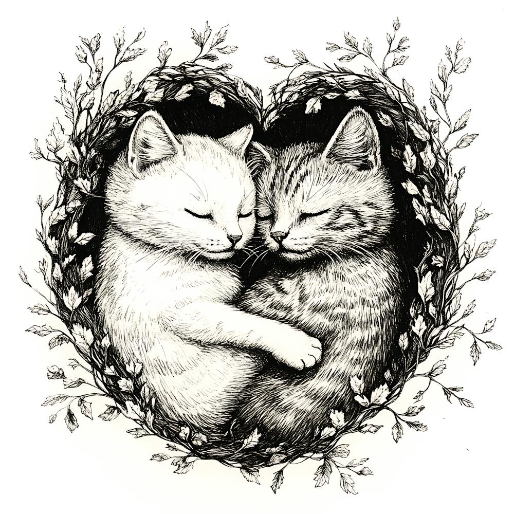 Delicate Ink Drawing of Cats Love Heart 6