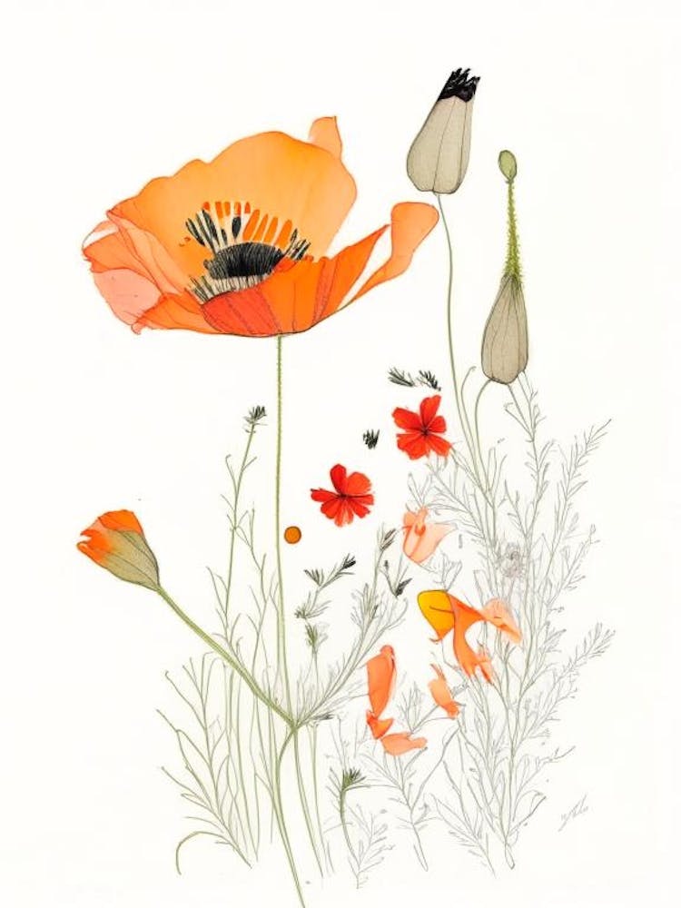 California Poppy Spices And Herbs Pencil Illustration 1