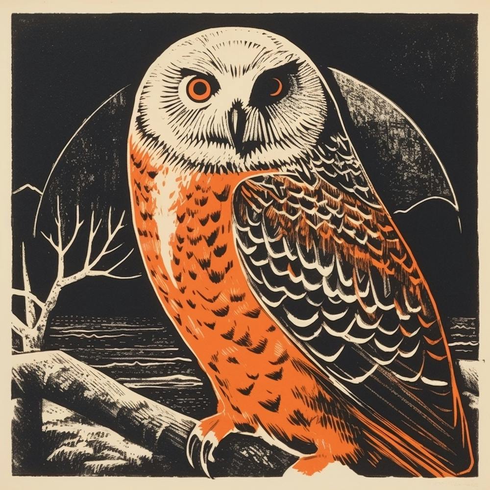 Retro Bird Lithograph Snowy Owl 2