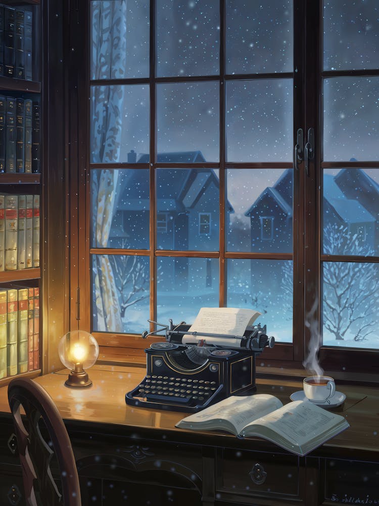 Anime Canvas Art: Cozy Writer’s Desk with Typewriter and Snowy Window View, Perfect for Lofi Aesthetic and Nostalgic Art Lovers.