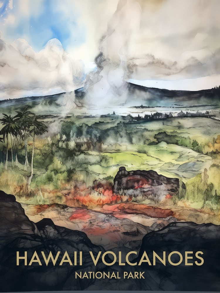 Hawaii Volcanoes National Park Watercolour Vintage Travel Poster 2