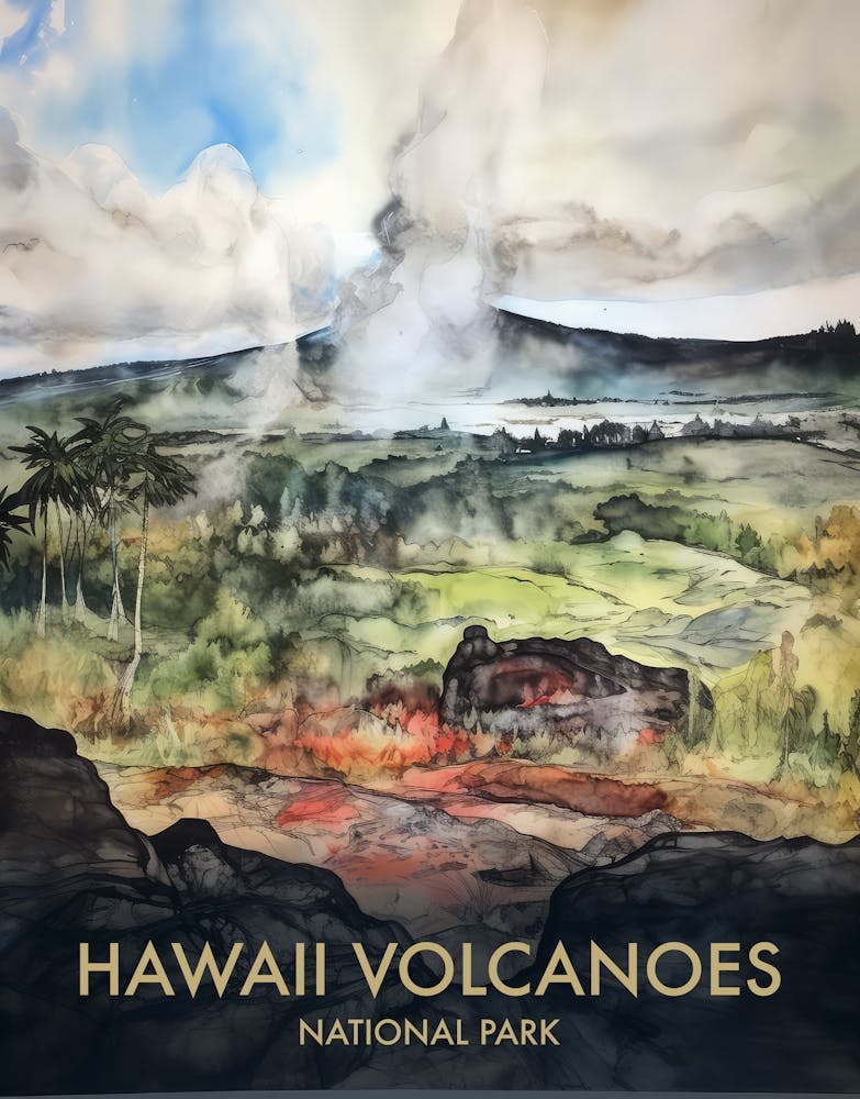 Hawaii Volcanoes National Park Watercolour Vintage Travel Poster 2
