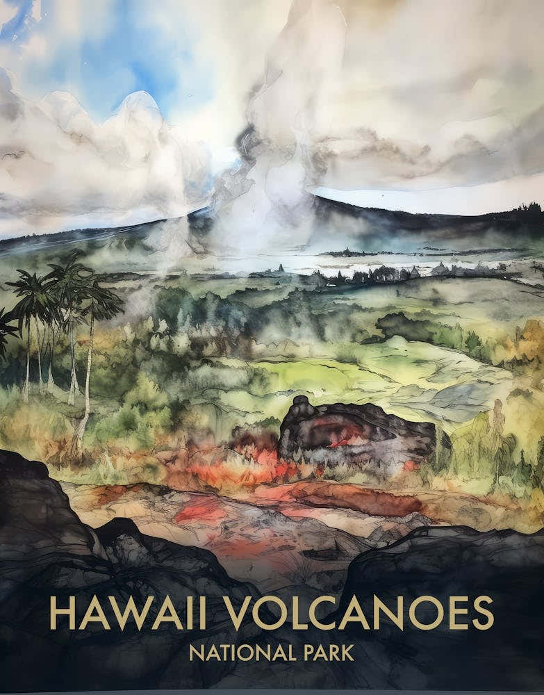 Hawaii Volcanoes National Park Watercolour Vintage Travel Poster 2