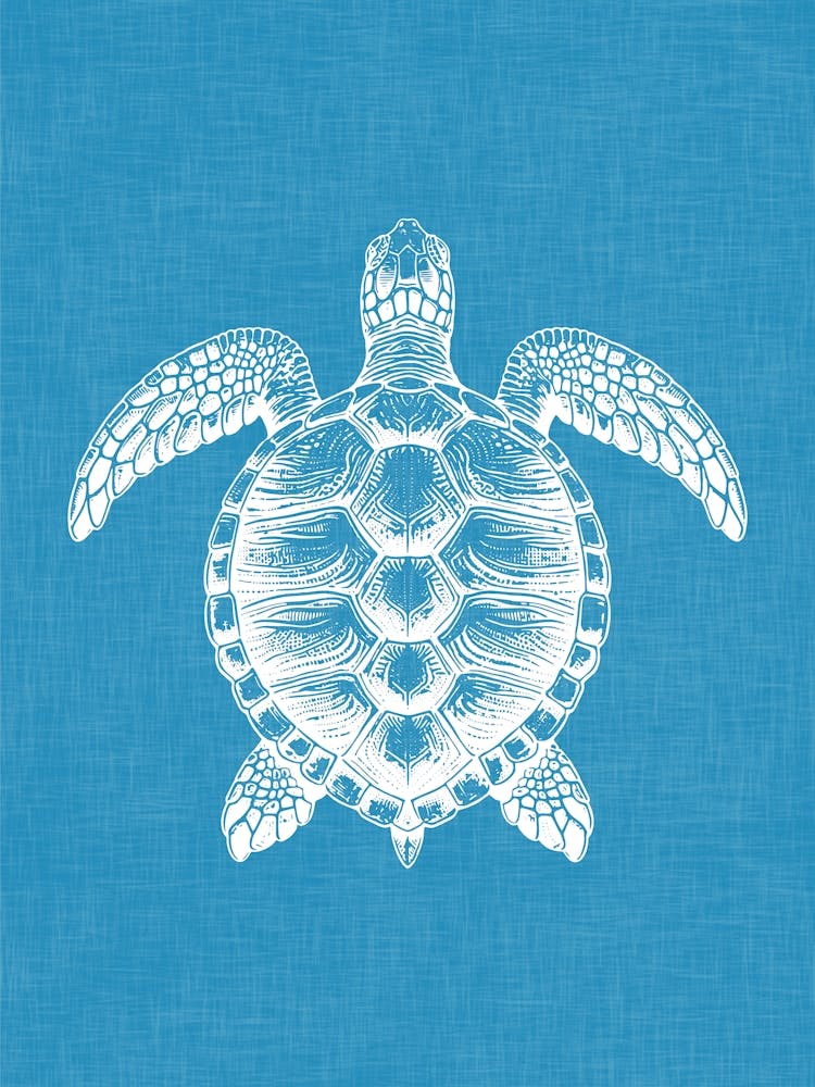 Vintage Sea Turtle Silhouette On Ocean Blue Linen Texture