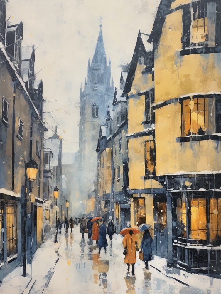Vintage Winter Painting Oxford United Kingdom 1