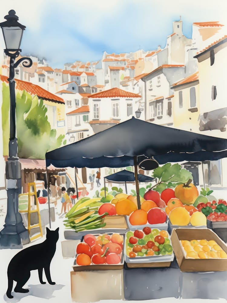 Food Market With Cats In Porto 3 Watercolour