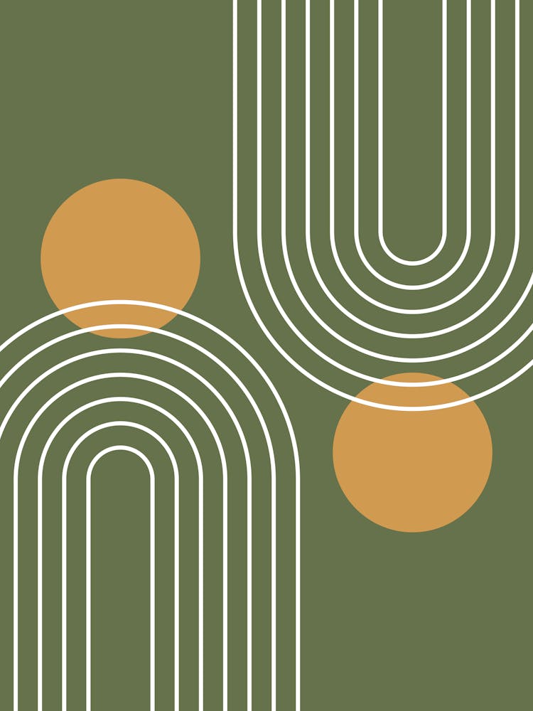 Mid Century Modern Geometric C25 In Sage Green Retro Yellow Gold (Rainbow And Sun Abstract) 01