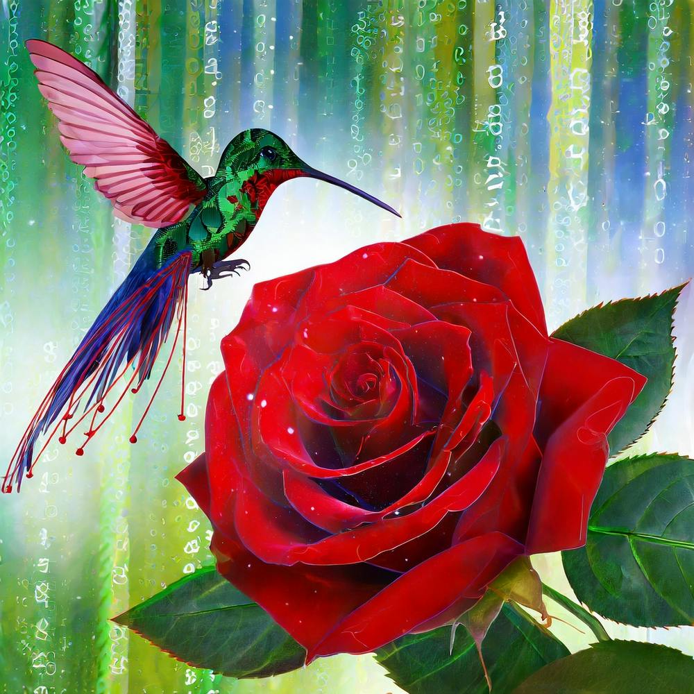 Hummingbird And Red Rose