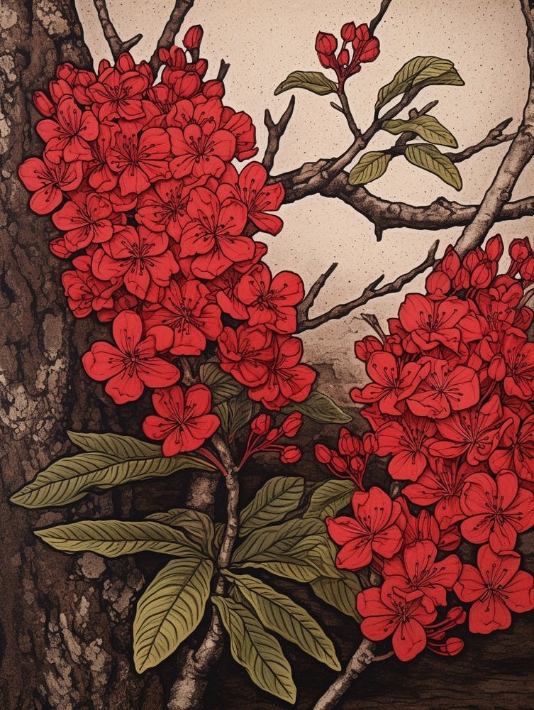 Hanakotoba Lilas des Indes 3 Gravure sur Bois Botanique Vintage