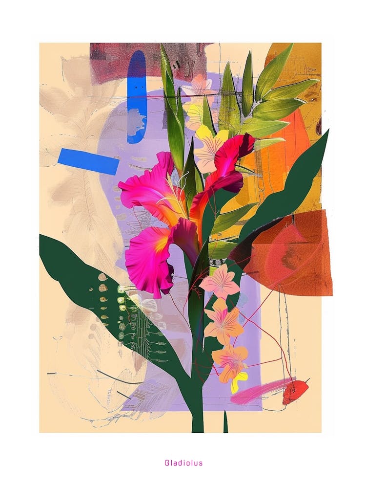 Gladiolus 1 Neon Flower Collage Poster