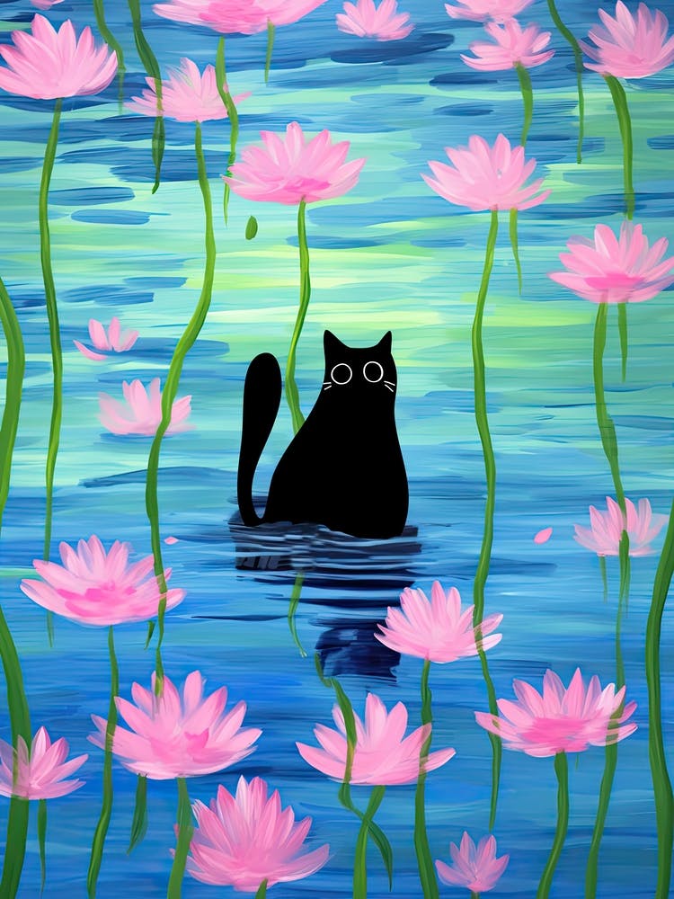 Black Cat In A Pond With Pink Flowers