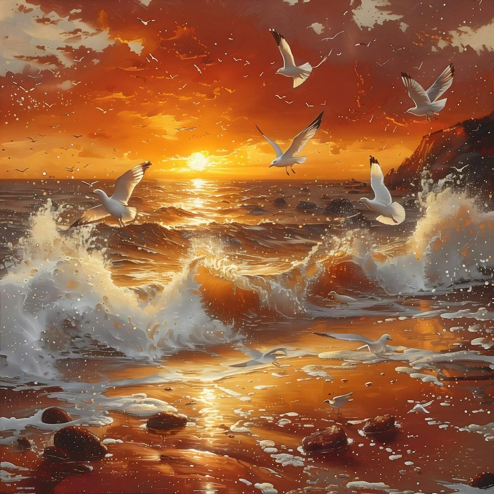 Seagulls At Sunset, In Warm Colors, Impressionism, Surrealism