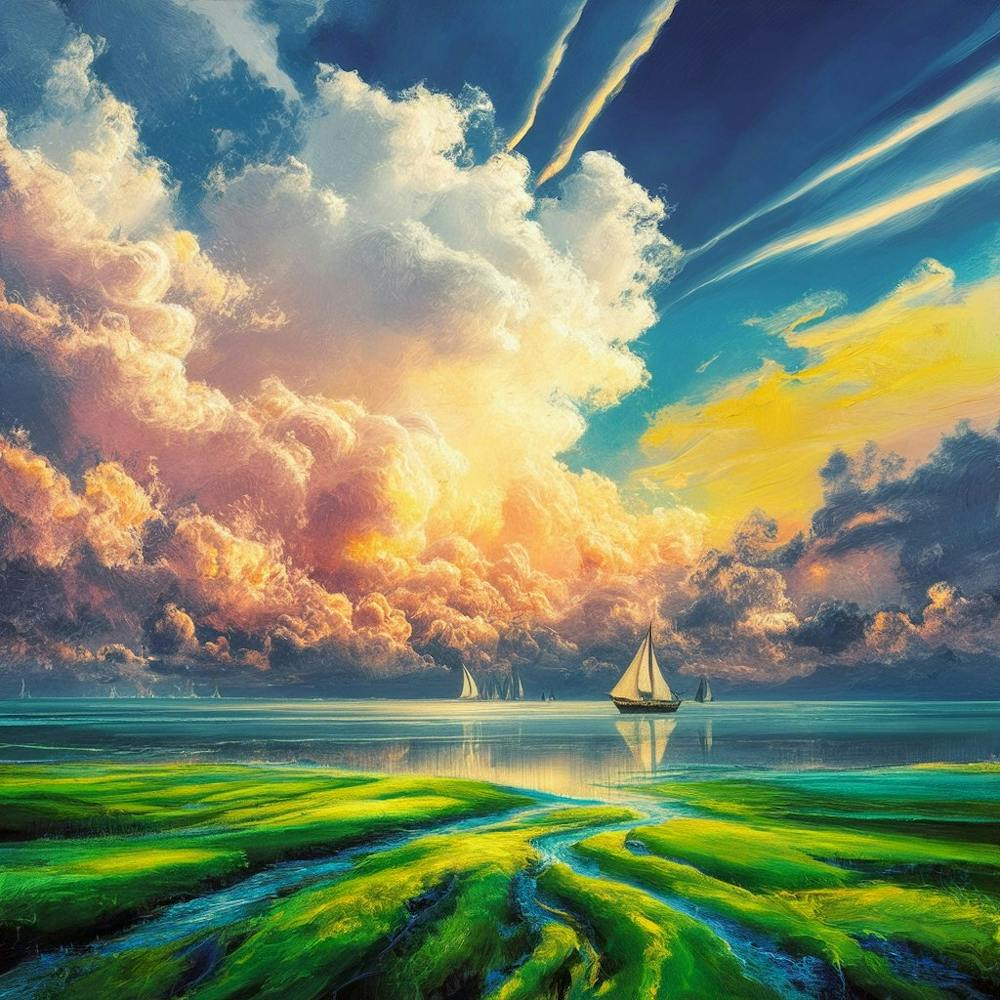 Serene Seascape Painting—a vibrant artwork capturing golden sunbeams piercing through clouds above sailboats on calm waters, ideal for art collectors and maritime decor.