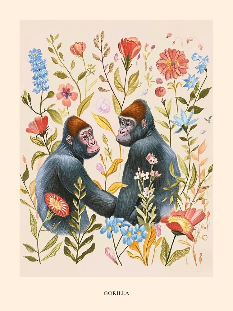 Folksy Floral Animal Drawing Gorilla 4 Poster