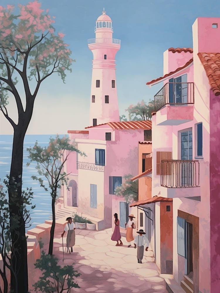 Faro Portugal 1 Vintage Pink Travel Illustration