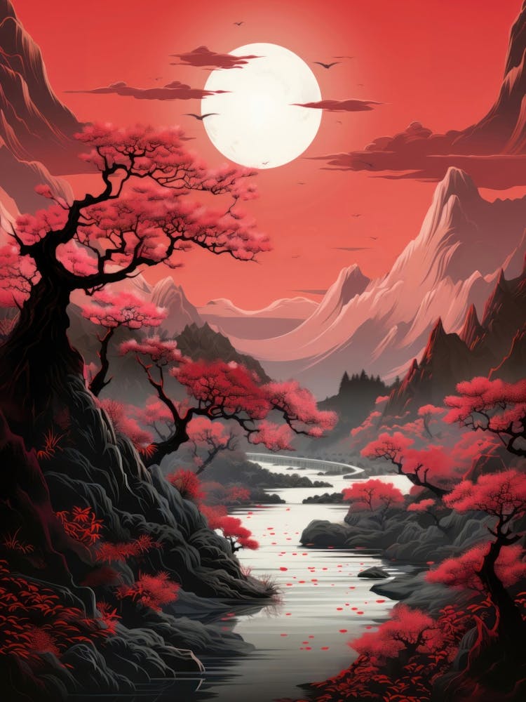 Red Japanese Asian River Landscape