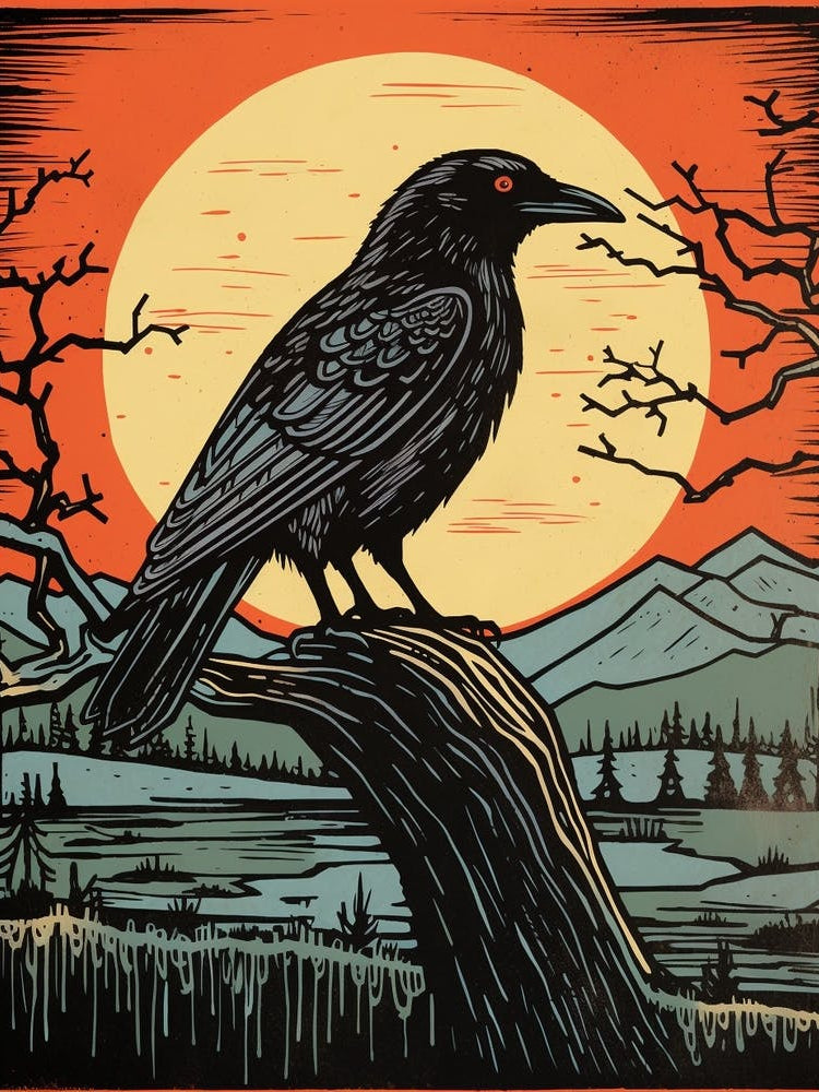 Vintage Bird Linocut Raven 2