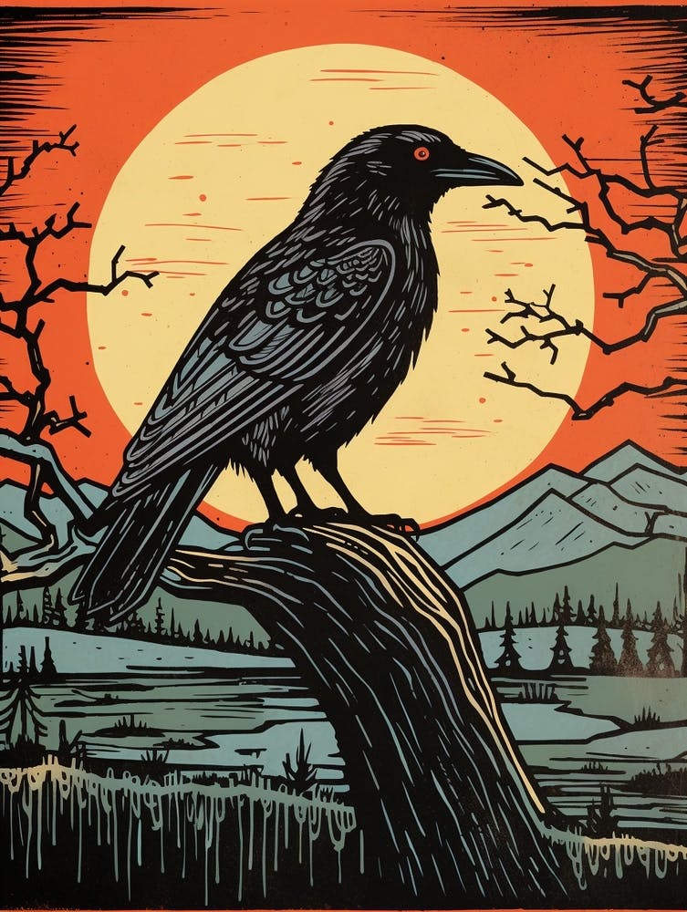Vintage Bird Linocut Raven 2