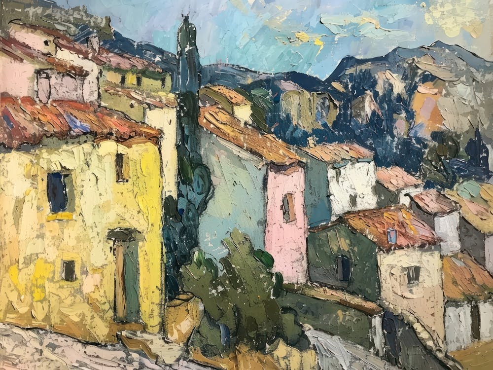 Sunny Hillside Town Painting Inspired By Paul Cezanne