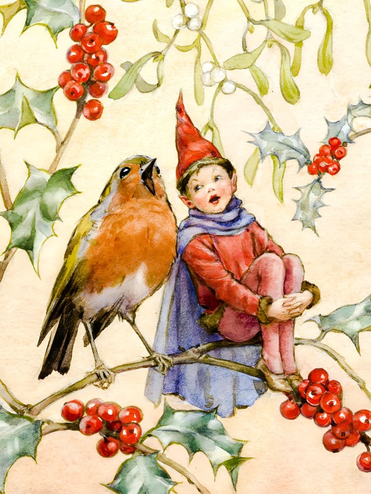 Remastered Image - Christmas Elf and Robin Duet - Woodland Creatures Victorian Christmas Card by Margaret Tarrant - Gallery Winter Decor Holly and Mistletoe
