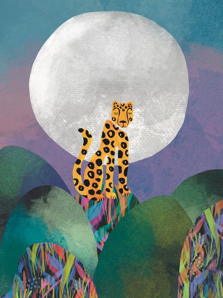 Moonlight Cheetah Landscape Illustration 