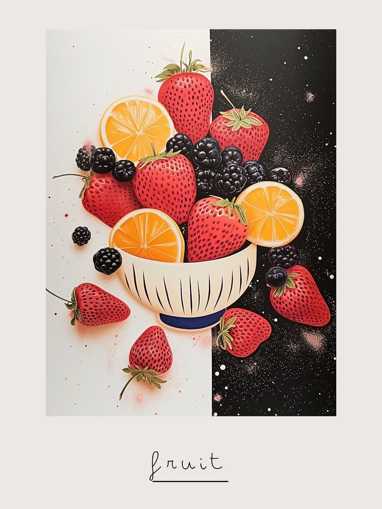 Strawberries Blackberries & Orange Art Deco Poster
