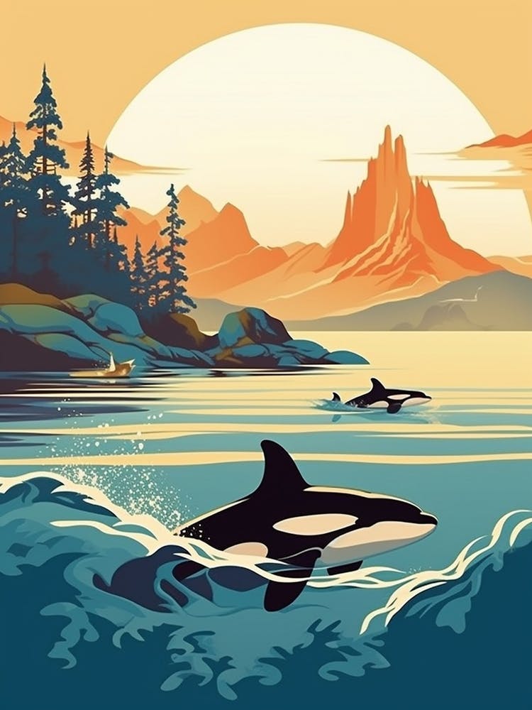 Two Orca Whales Swimming With The Sunrise