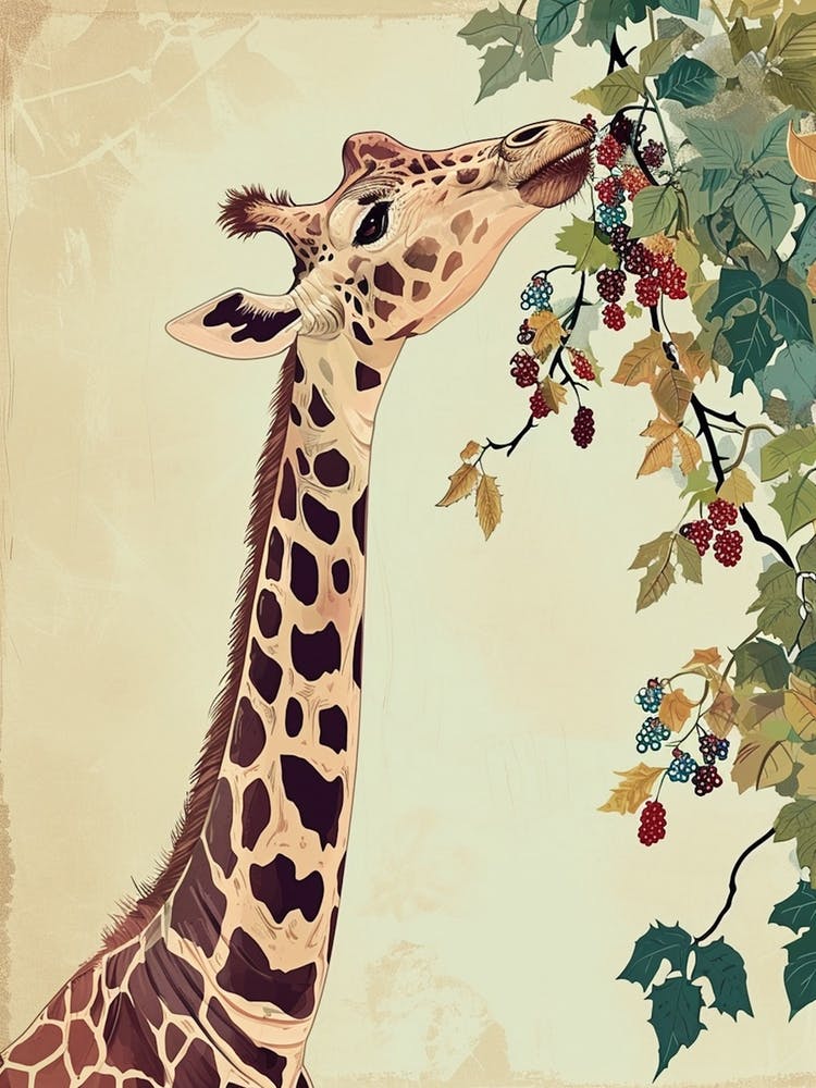 Giraffe Eating Berries Modern Illustration 2