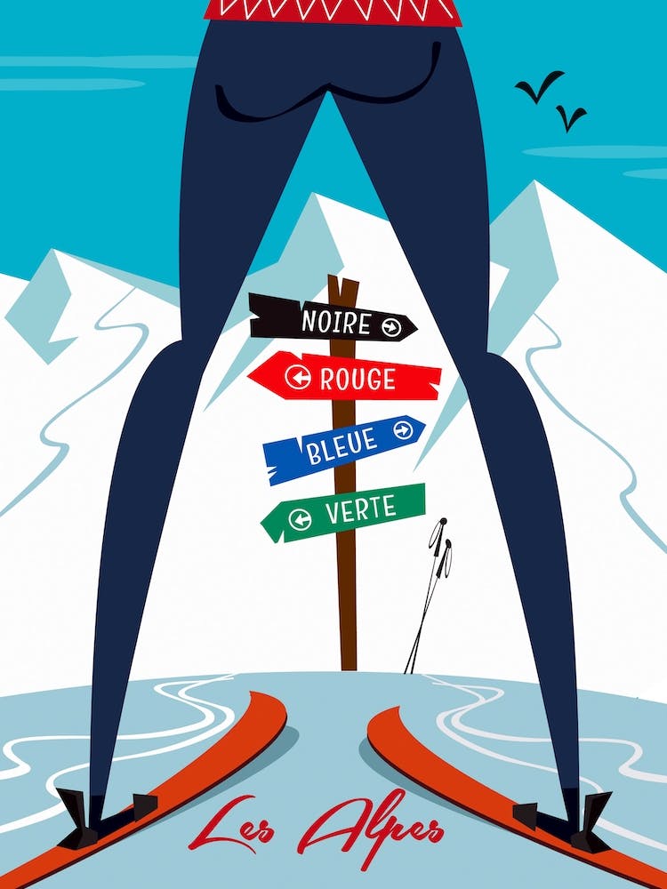 Les Alpes Piste Sign Poster Blue & White