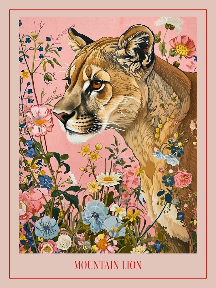 Floral Animal Painting Mountain Lion 4 Poster