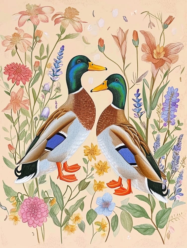 Folksy Floral Animal Drawing Duck