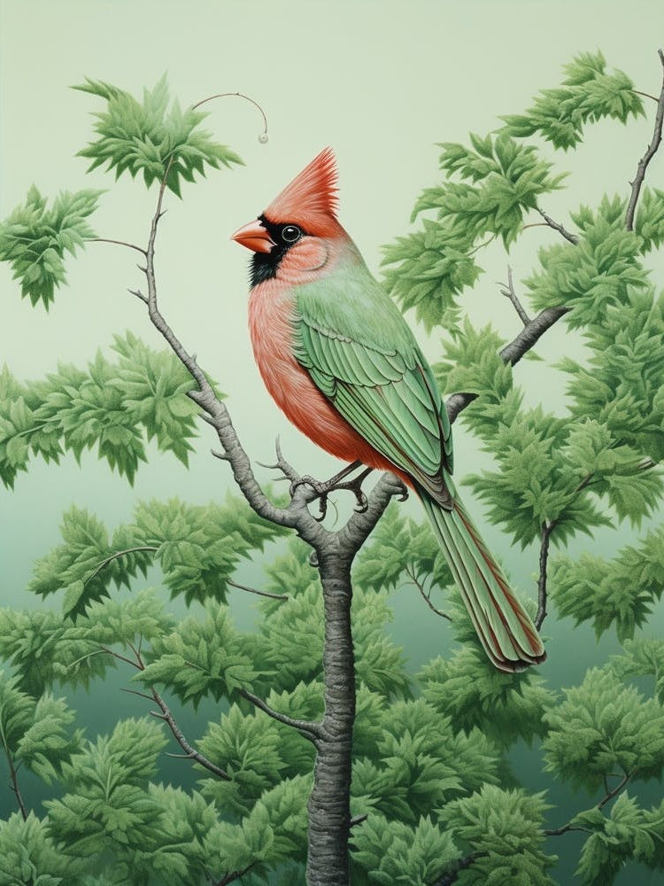Ohara Koson Inspired Bird Painting Northern Cardinal 1