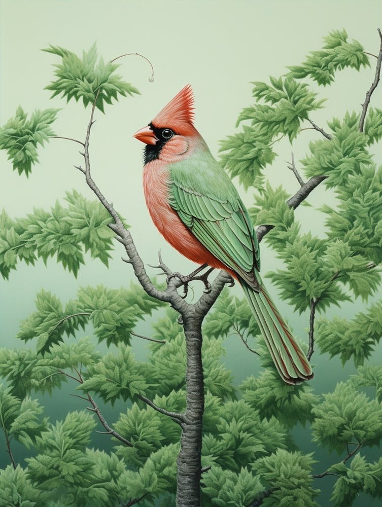 Ohara Koson Inspired Bird Painting Northern Cardinal 1