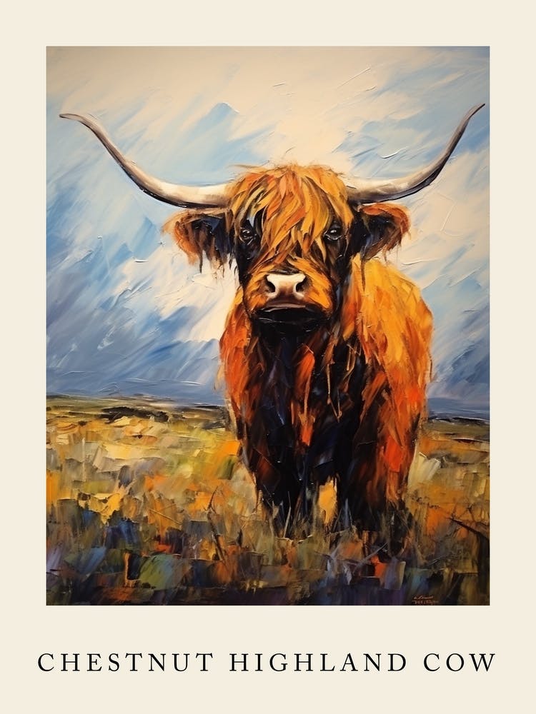 Brushstroke Impasto Style Of Chestnut Highland Cow