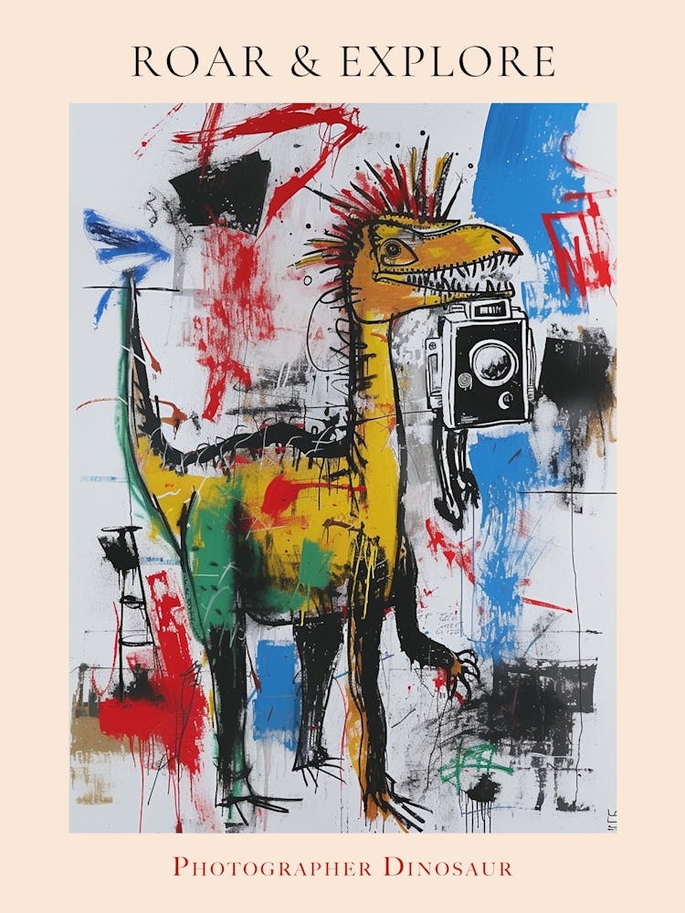 Abstract Colourful Dinosaur Taking A Photo On An Anologue Camera 3 Poster