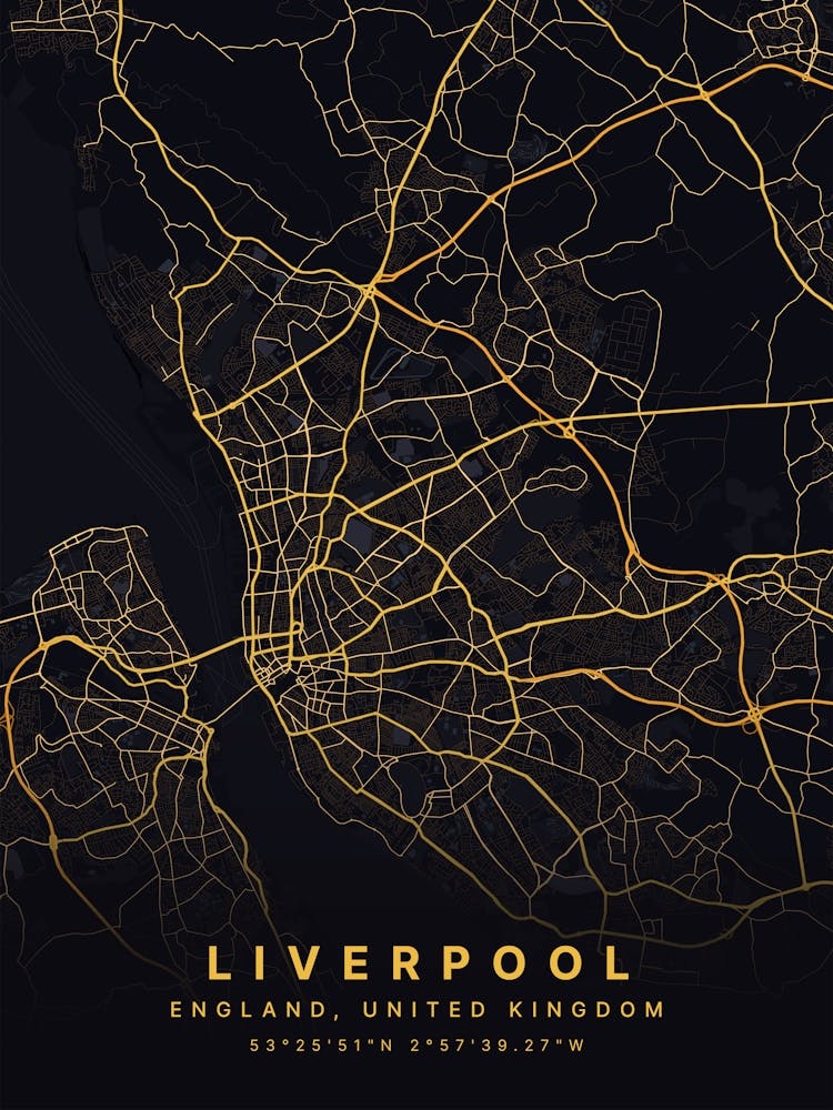 Liverpool England Black And Gold Map